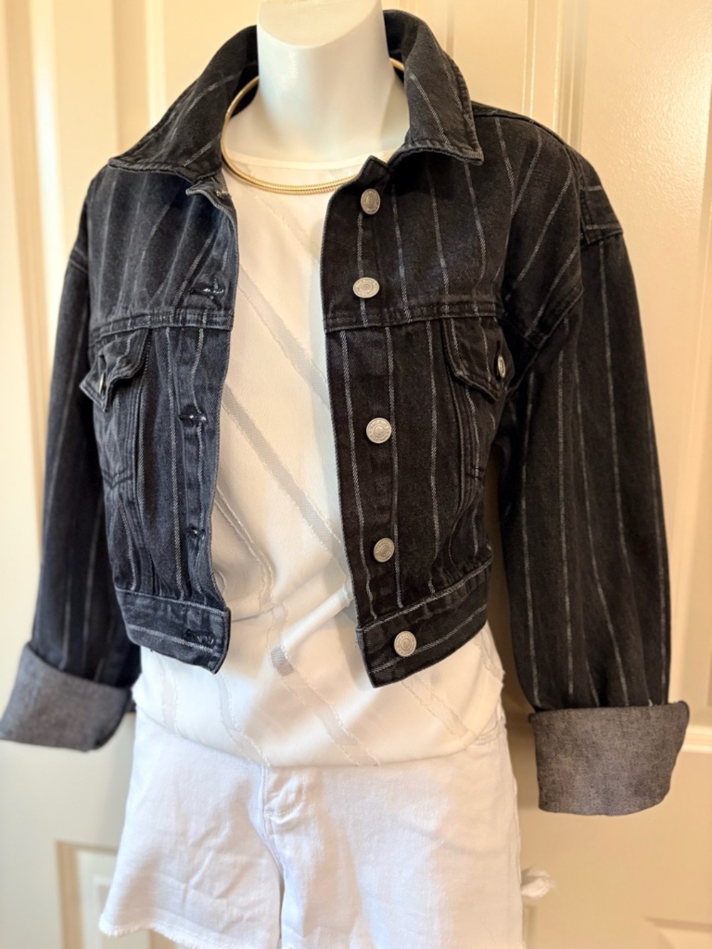 Cropped Black Pinstripe Denim Jacket - Women, size M/L - Picture 2 of 5